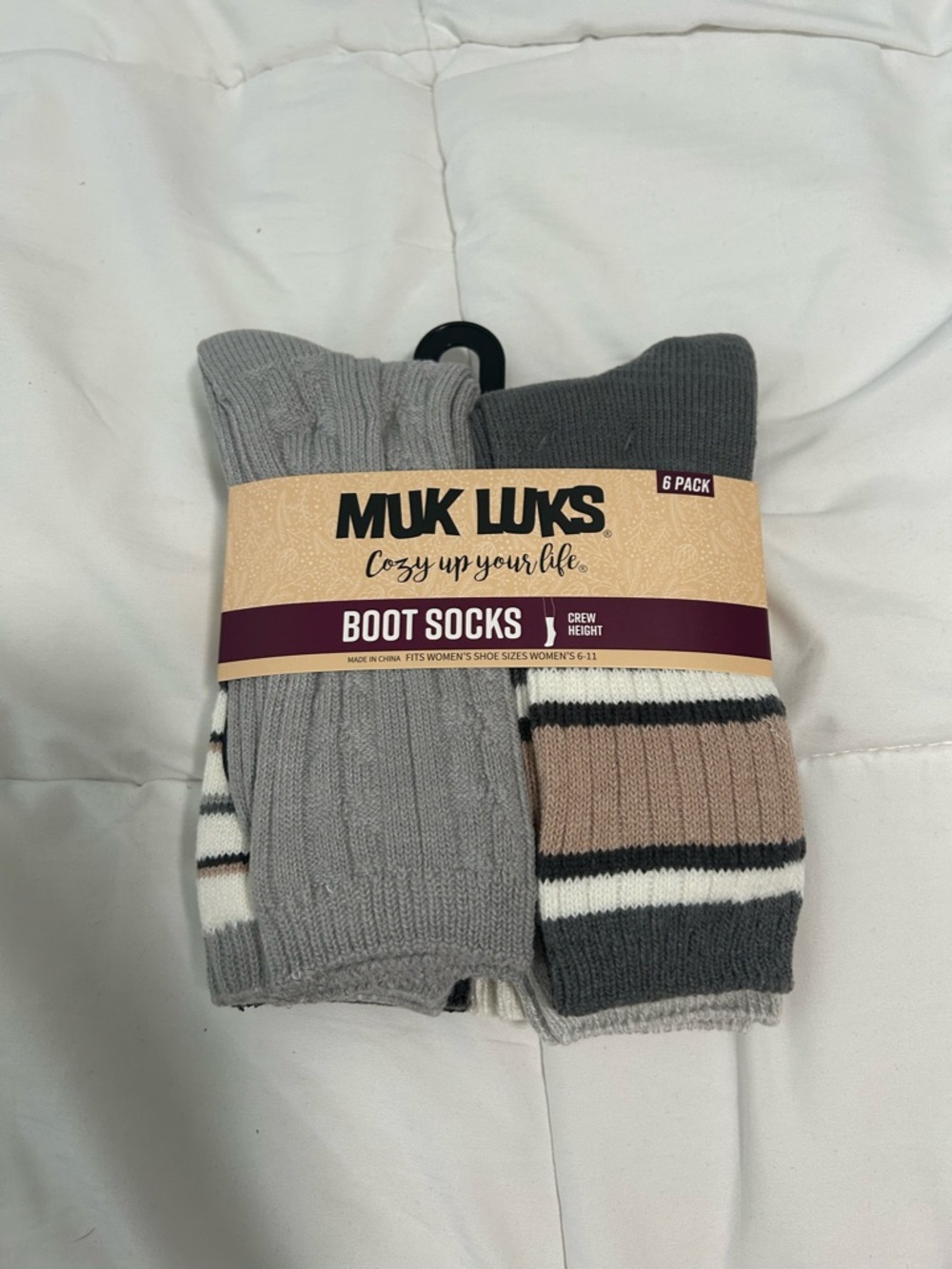 Muk Luks womens Gray & Taupe Striped Boot Socks - 6 Pack